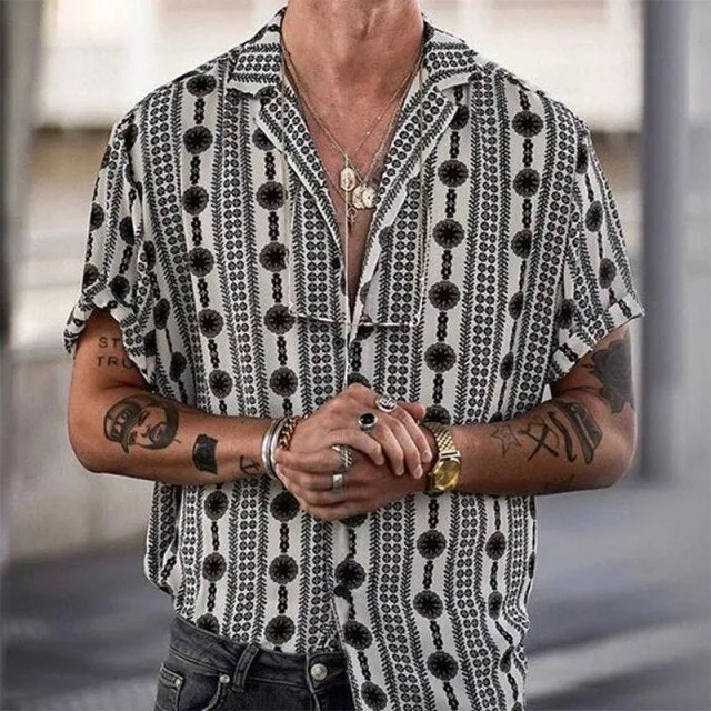 90s Vintage Print Men Lapel Shirts New Casual Summer Loose Short Sleeve Button Shirt Tops Mens Clothing Fashion Streetwear