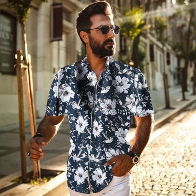 90s Vintage Print Men Lapel Shirts New Casual Summer Loose Short Sleeve Button Shirt Tops Mens Clothing Fashion Streetwear