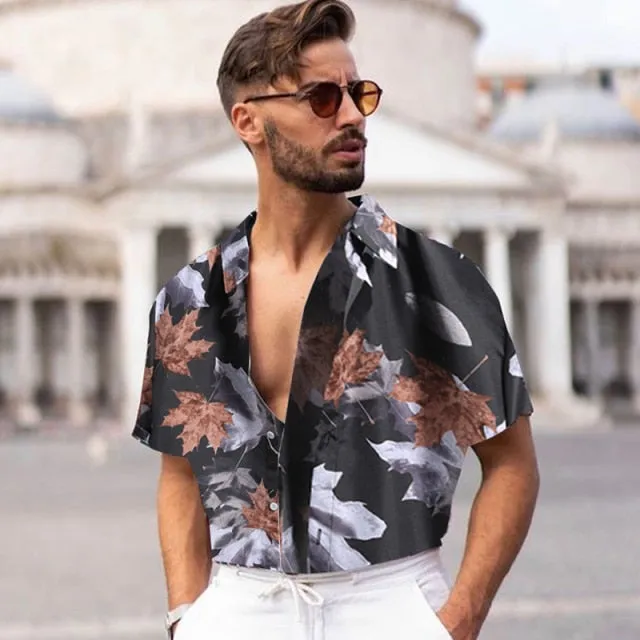 90s Vintage Print Men Lapel Shirts New Casual Summer Loose Short Sleeve Button Shirt Tops Mens Clothing Fashion Streetwear
