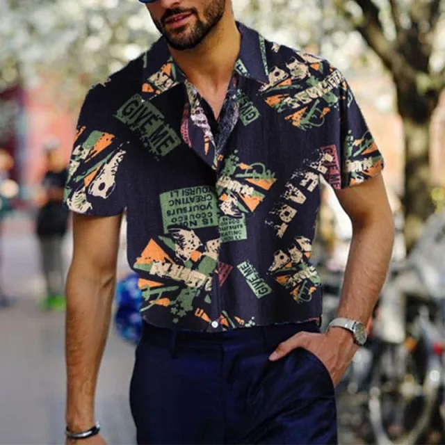 90s Vintage Print Men Lapel Shirts New Casual Summer Loose Short Sleeve Button Shirt Tops Mens Clothing Fashion Streetwear
