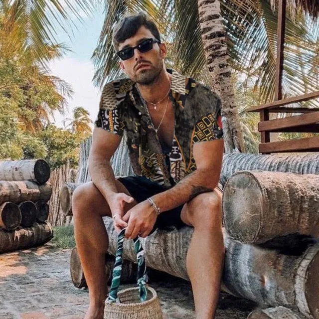90s Vintage Print Men Lapel Shirts New Casual Summer Loose Short Sleeve Button Shirt Tops Mens Clothing Fashion Streetwear