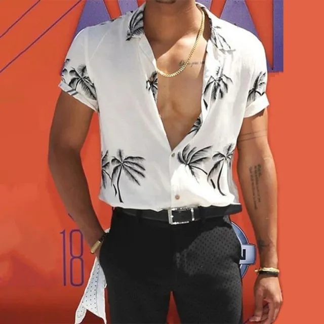 90s Vintage Print Men Lapel Shirts New Casual Summer Loose Short Sleeve Button Shirt Tops Mens Clothing Fashion Streetwear