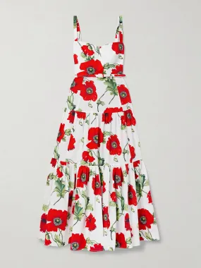 Belted floral-print tiered cotton-blend poplin gown
