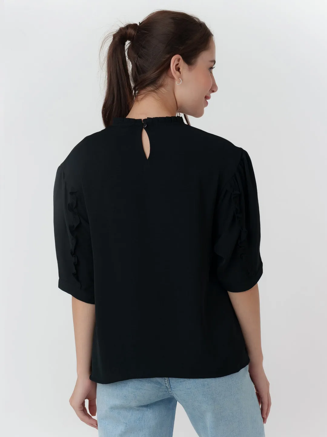 Black Solid Frill Top