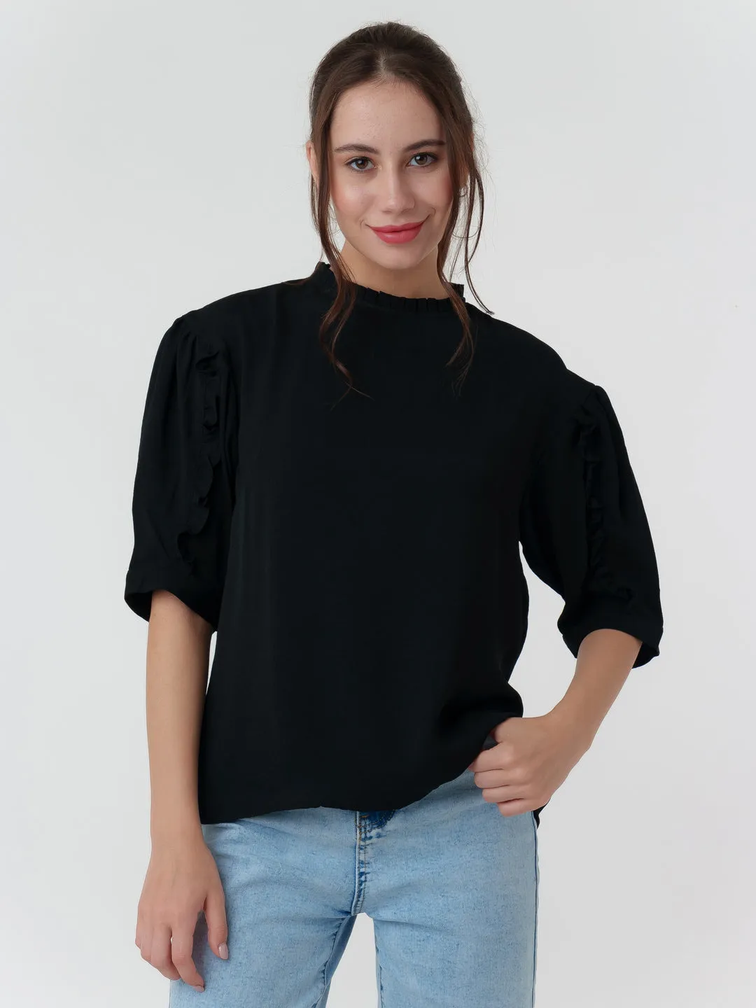 Black Solid Frill Top