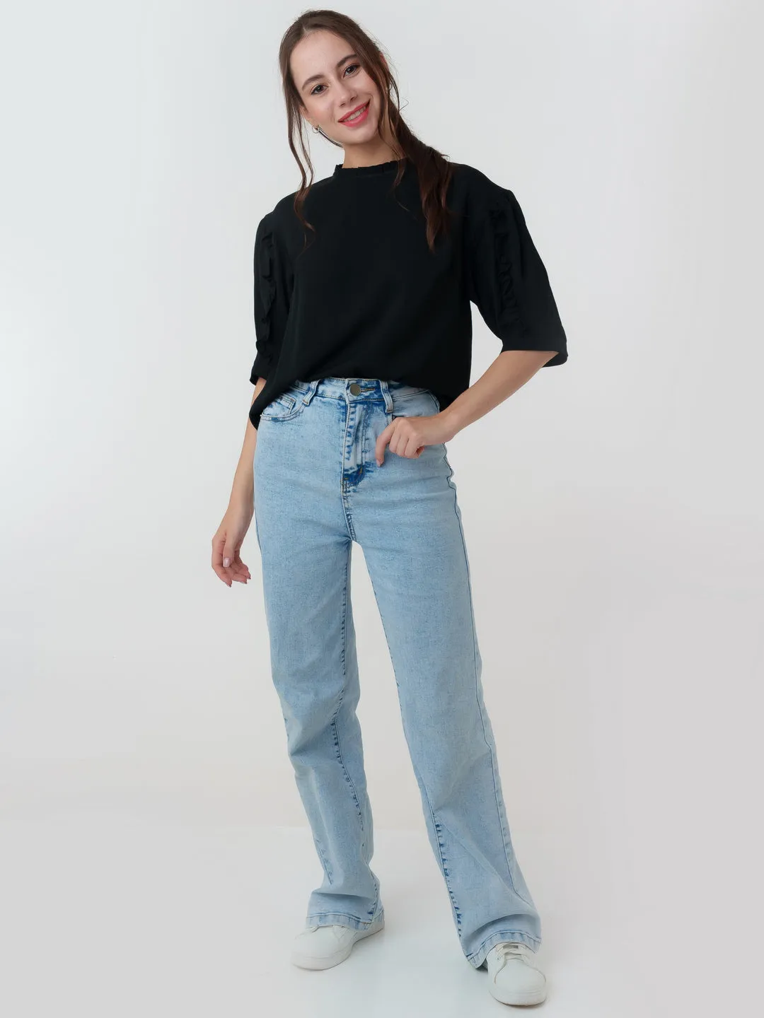 Black Solid Frill Top