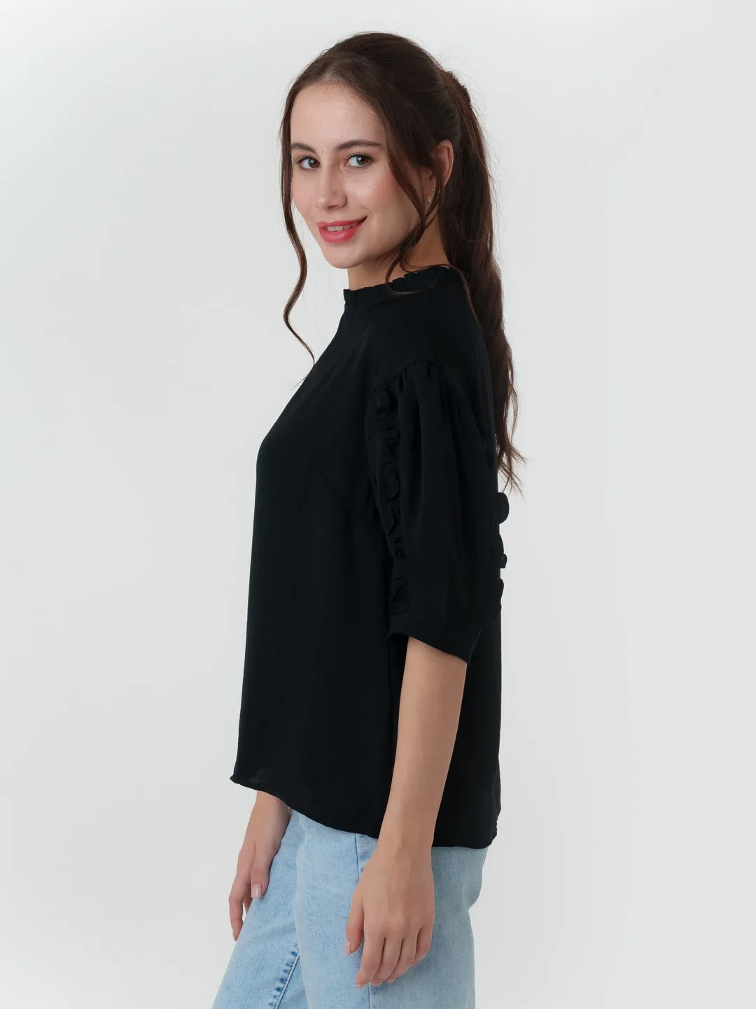 Black Solid Frill Top