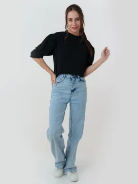 Black Solid Frill Top