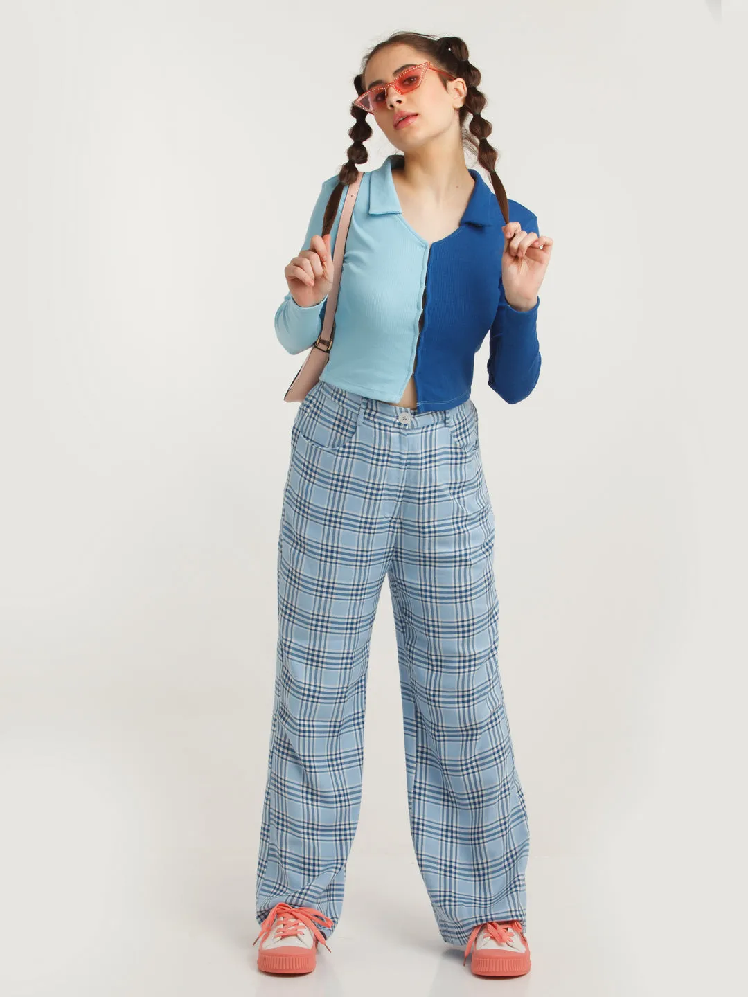 Blue Colour Blocked Shirt Style Top