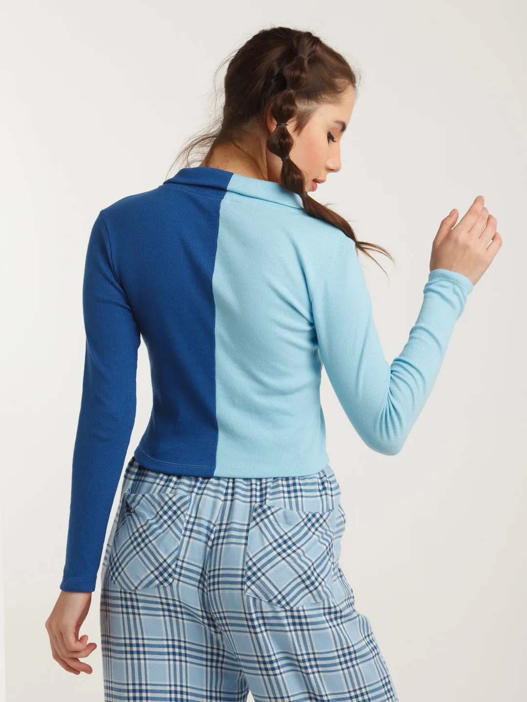 Blue Colour Blocked Shirt Style Top