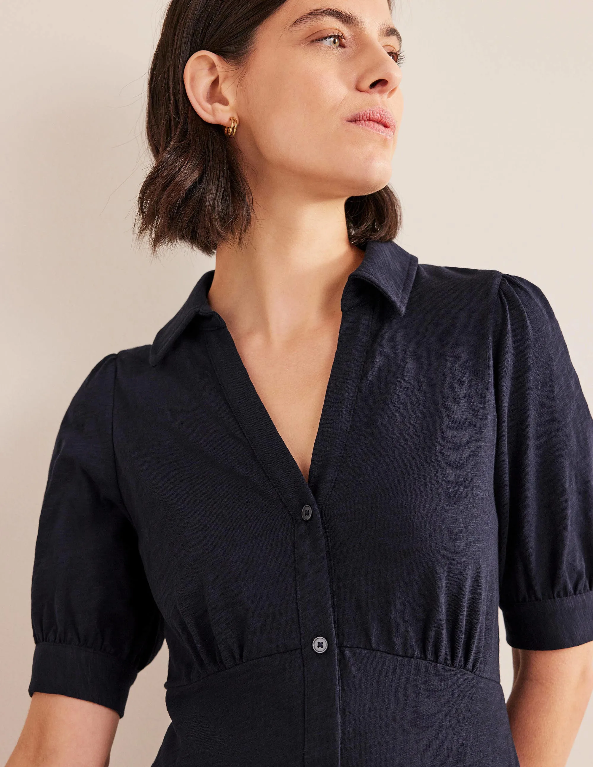 Button Jersey Mini Tea Dress-Navy