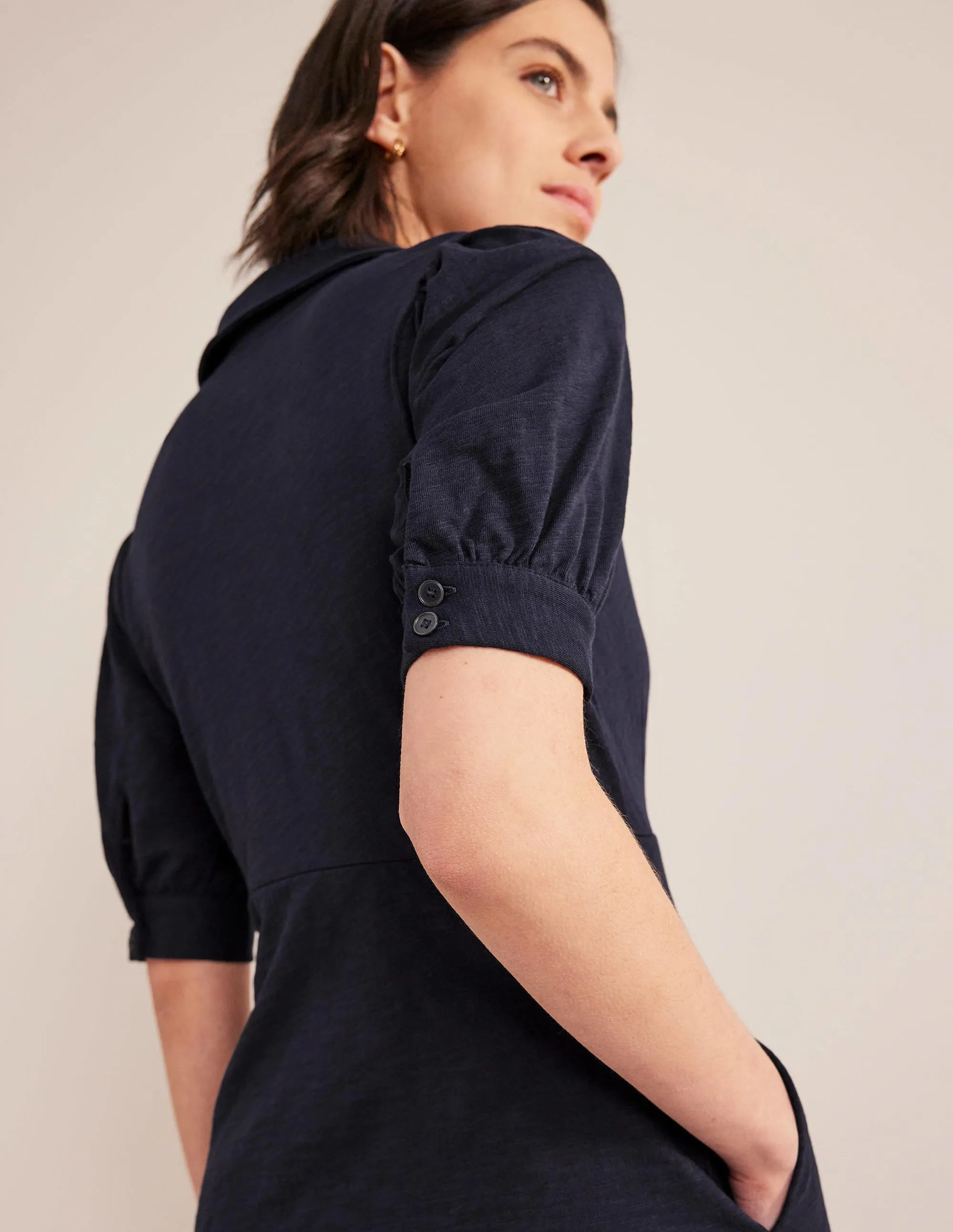 Button Jersey Mini Tea Dress-Navy