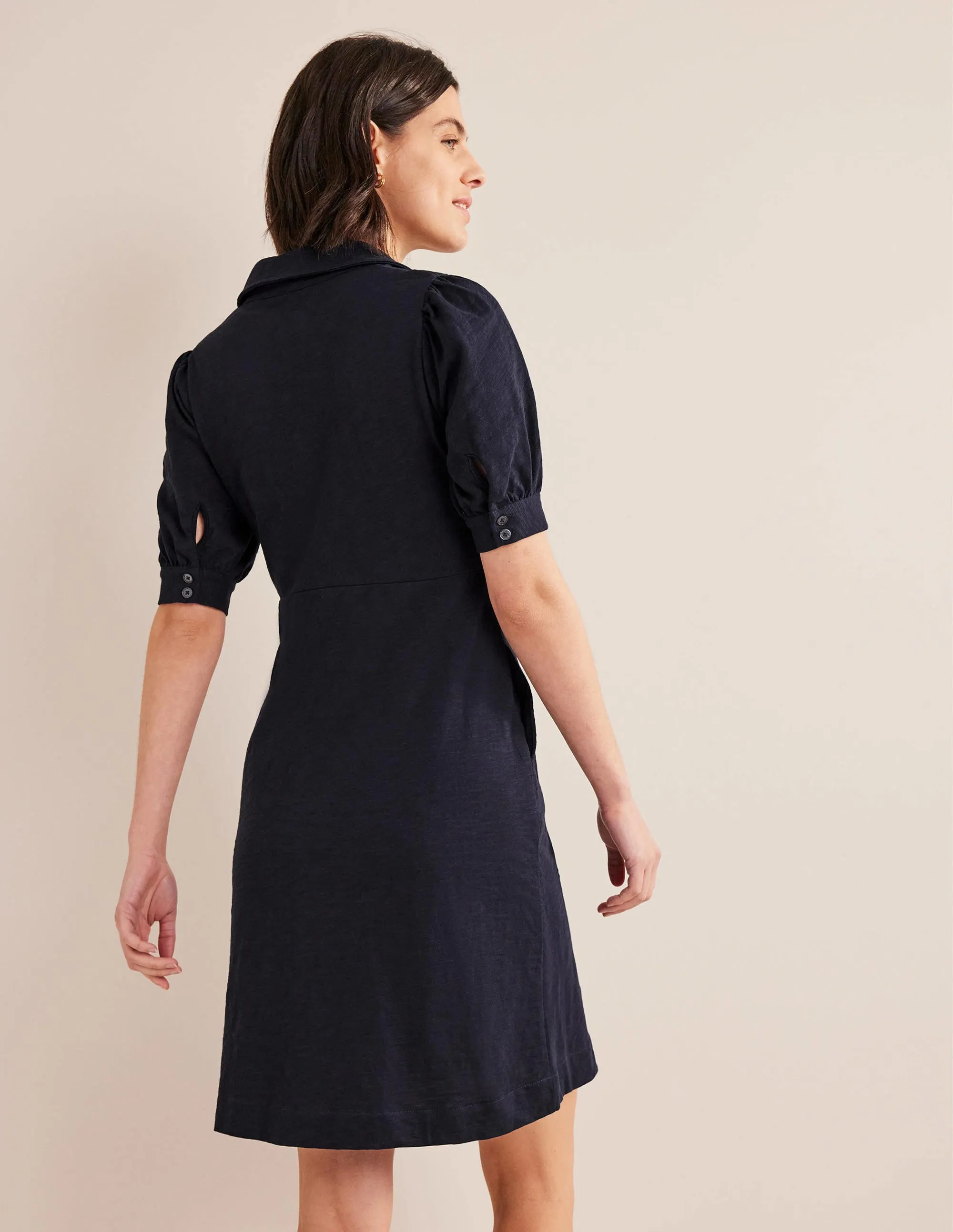 Button Jersey Mini Tea Dress-Navy