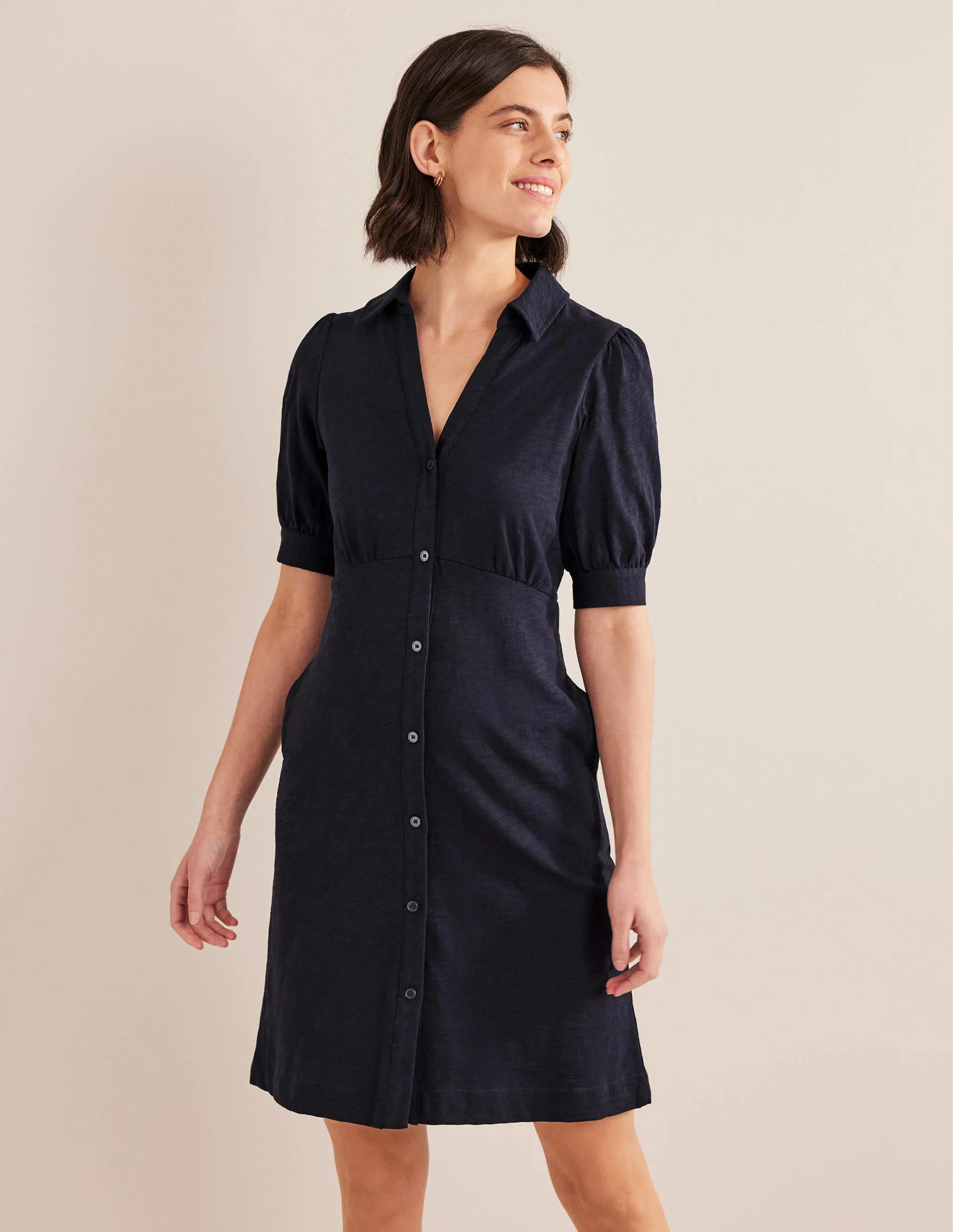 Button Jersey Mini Tea Dress-Navy