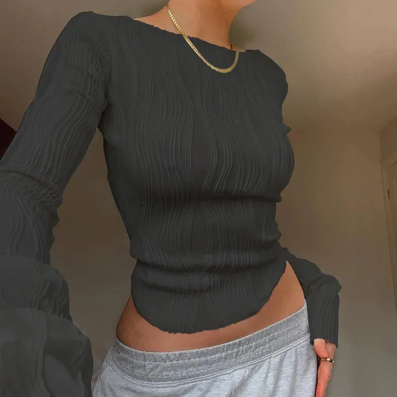 Chic Y2K Ruched Long Sleeve Casual T-Shirt for Women - Slim Fit Cropped White Tee for Autumn Fashion