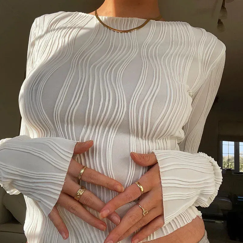 Chic Y2K Ruched Long Sleeve Casual T-Shirt for Women - Slim Fit Cropped White Tee for Autumn Fashion