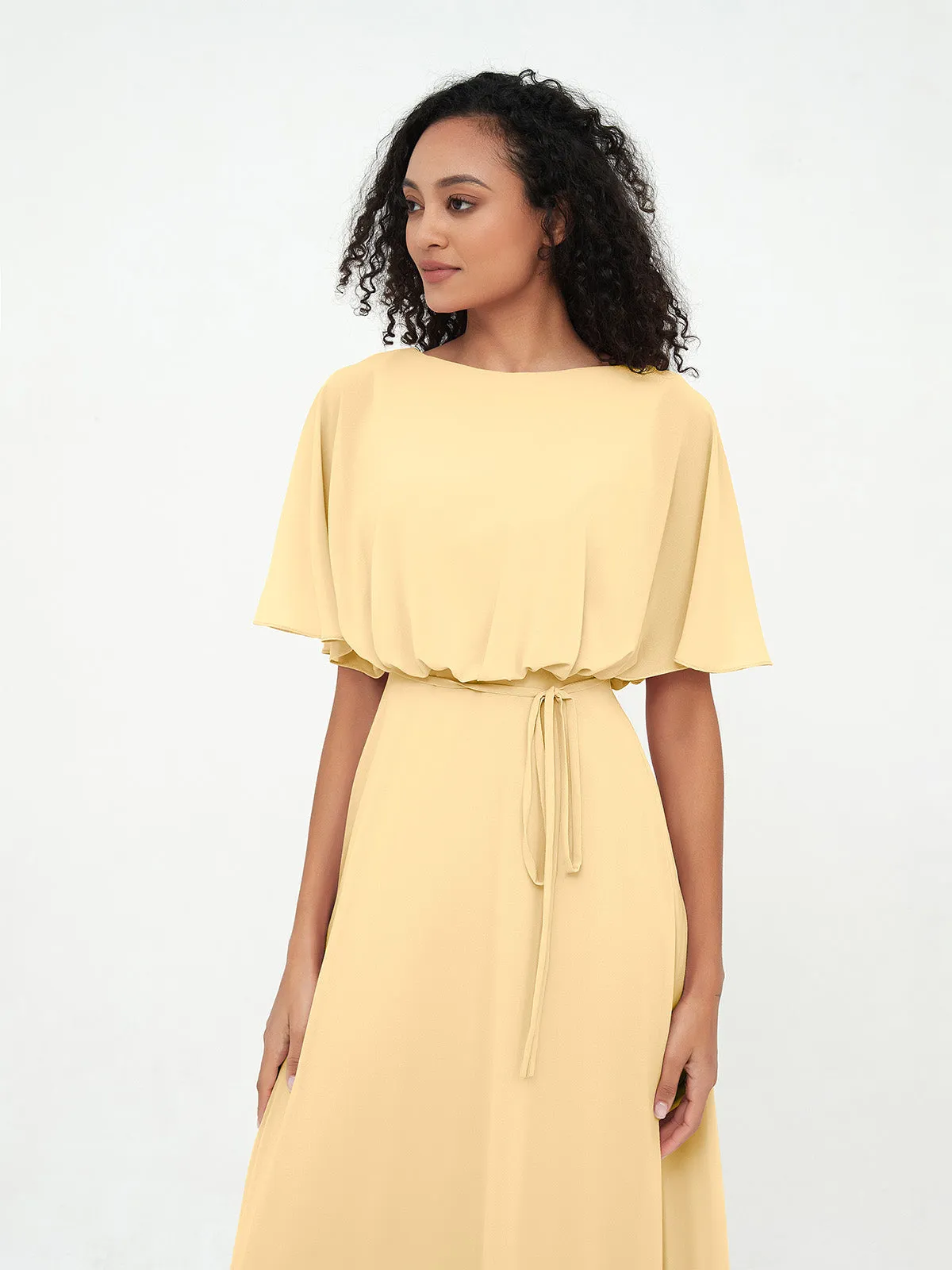 Chiffon Full Length Bridesmaid Dresses with Wrap Gold