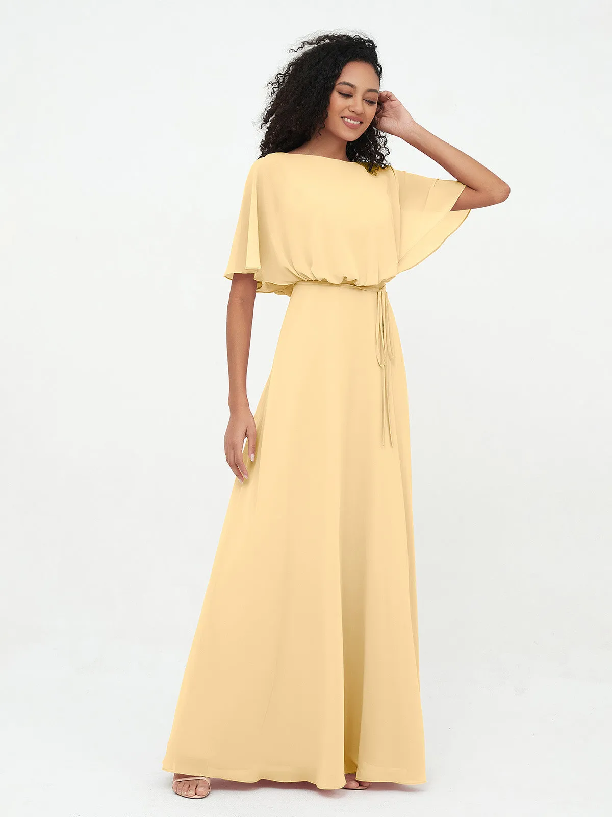 Chiffon Full Length Bridesmaid Dresses with Wrap Gold