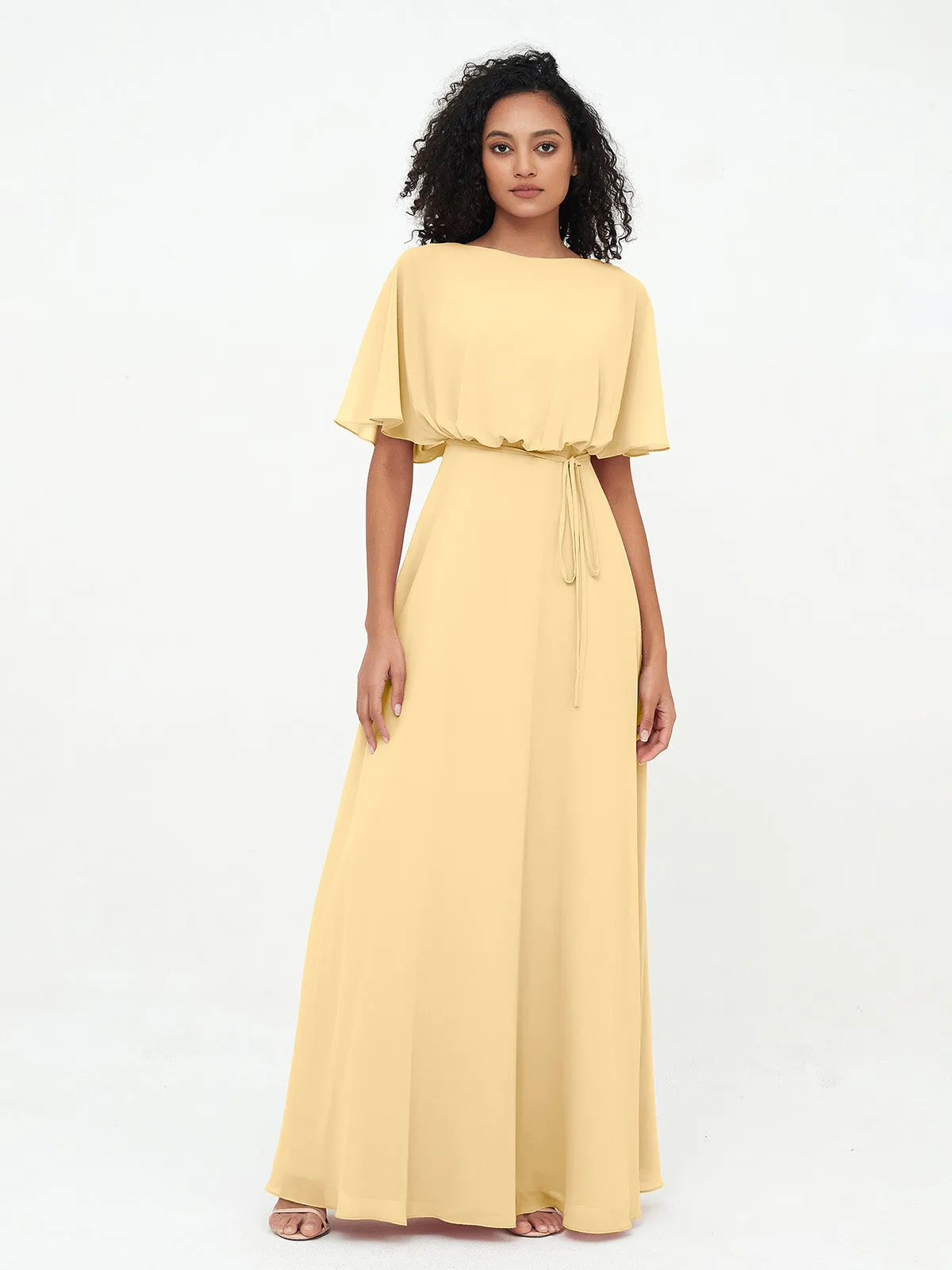 Chiffon Full Length Bridesmaid Dresses with Wrap Gold