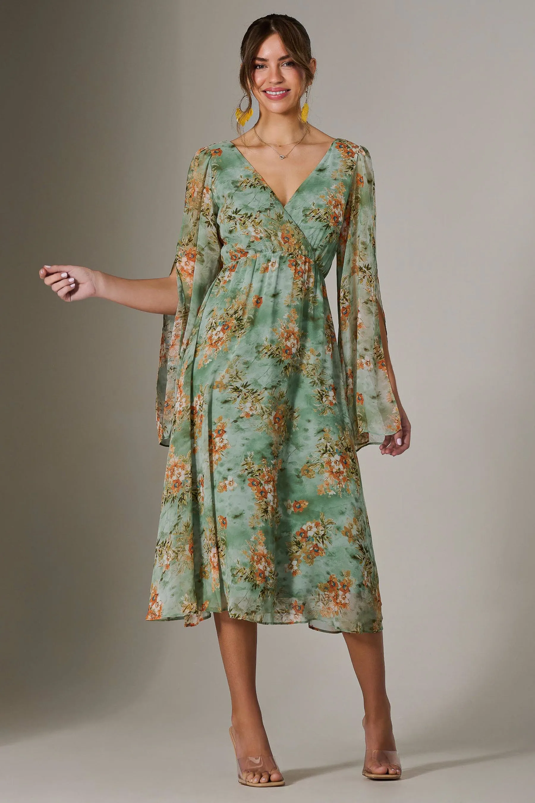Chiffon Split Sleeve Midaxi Dress, Green Floral