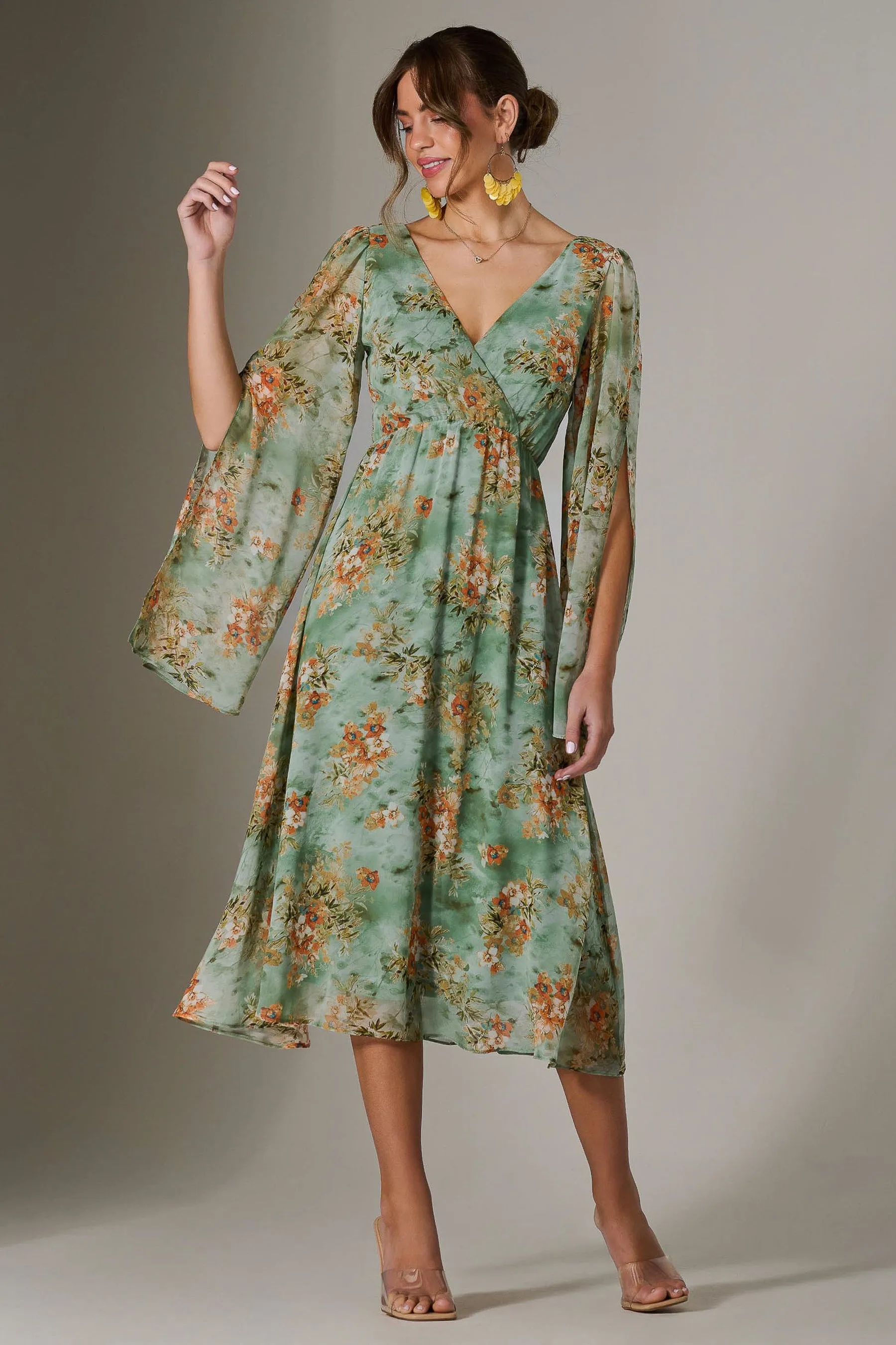 Chiffon Split Sleeve Midaxi Dress, Green Floral