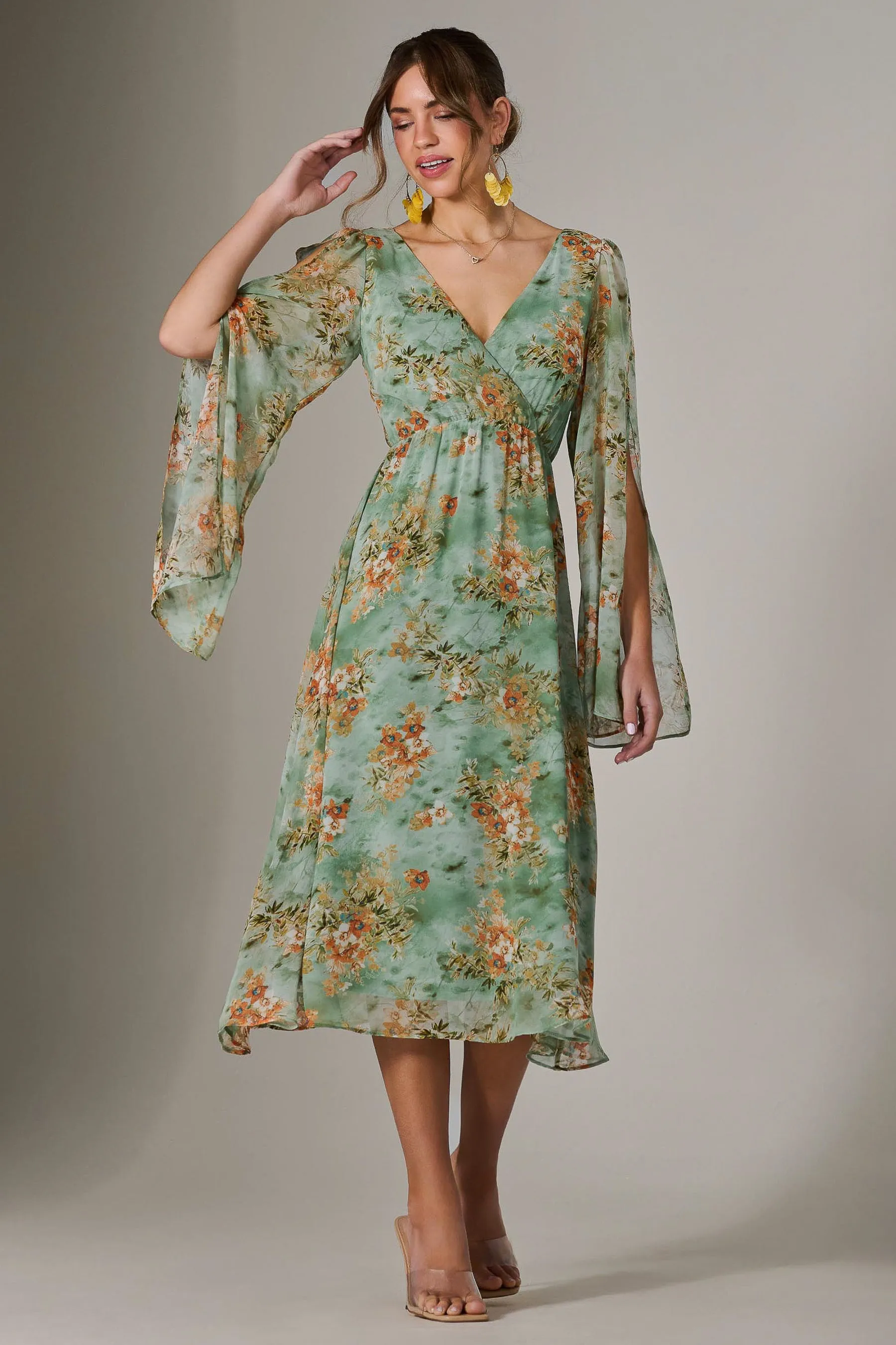 Chiffon Split Sleeve Midaxi Dress, Green Floral