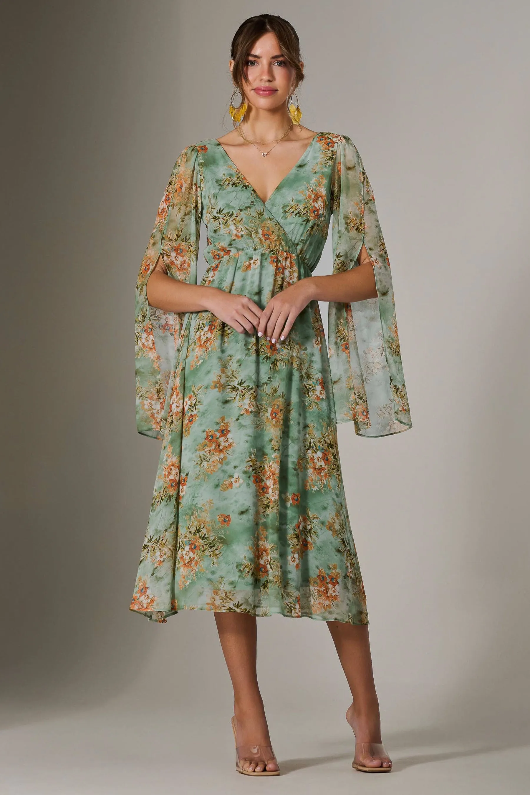 Chiffon Split Sleeve Midaxi Dress, Green Floral