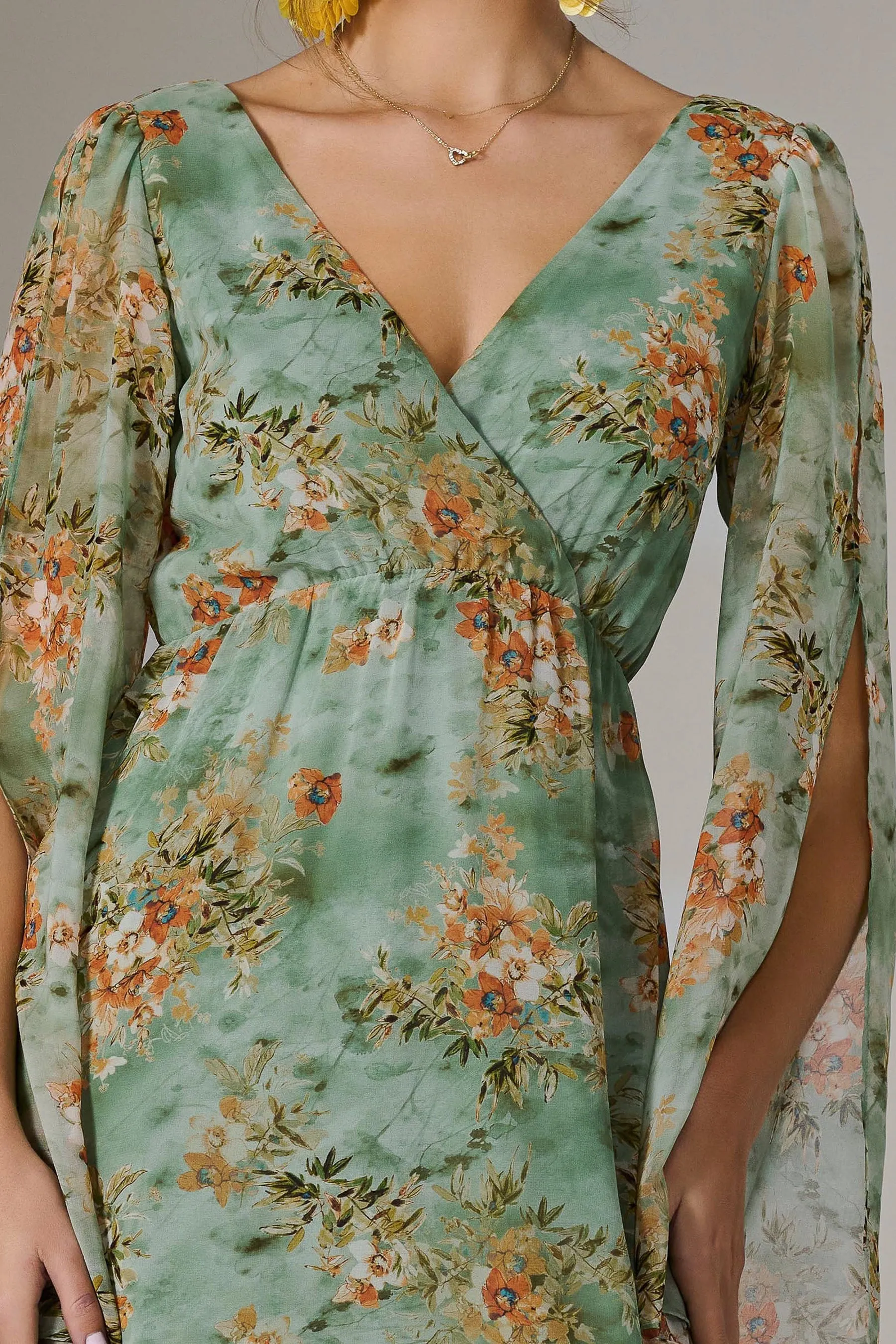 Chiffon Split Sleeve Midaxi Dress, Green Floral