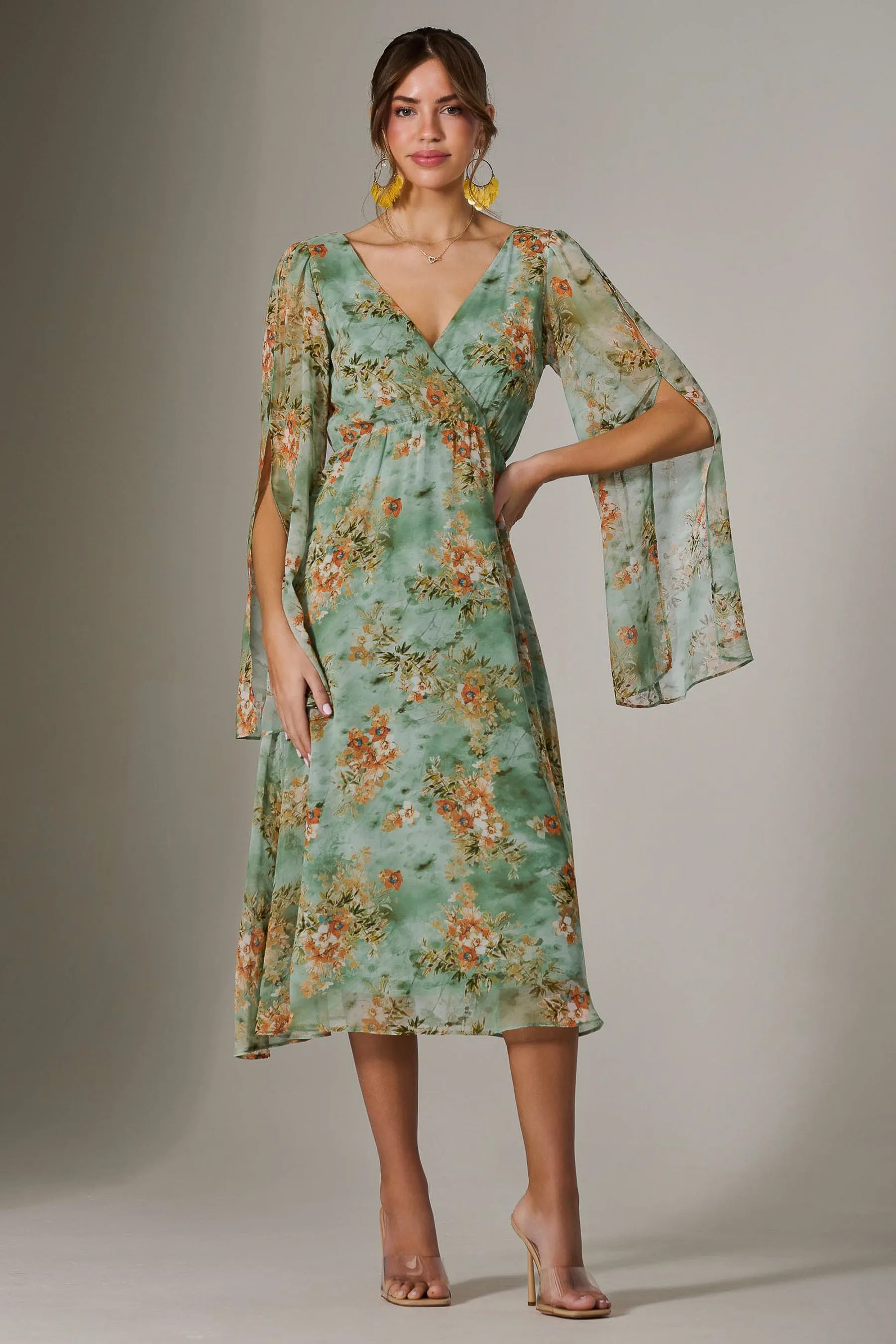 Chiffon Split Sleeve Midaxi Dress, Green Floral
