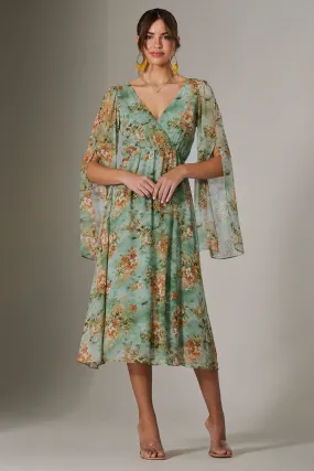 Chiffon Split Sleeve Midaxi Dress, Green Floral