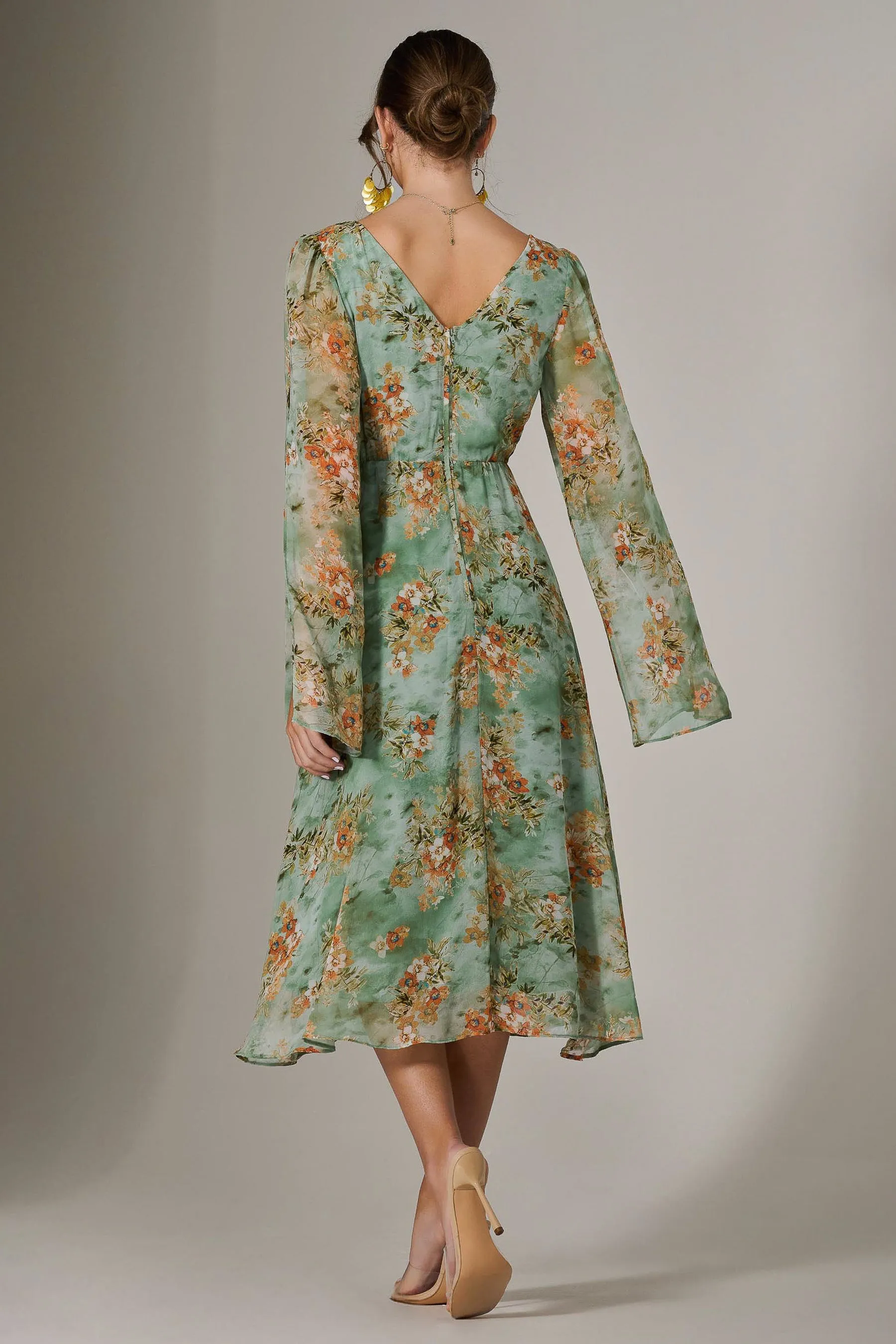 Chiffon Split Sleeve Midaxi Dress, Green Floral