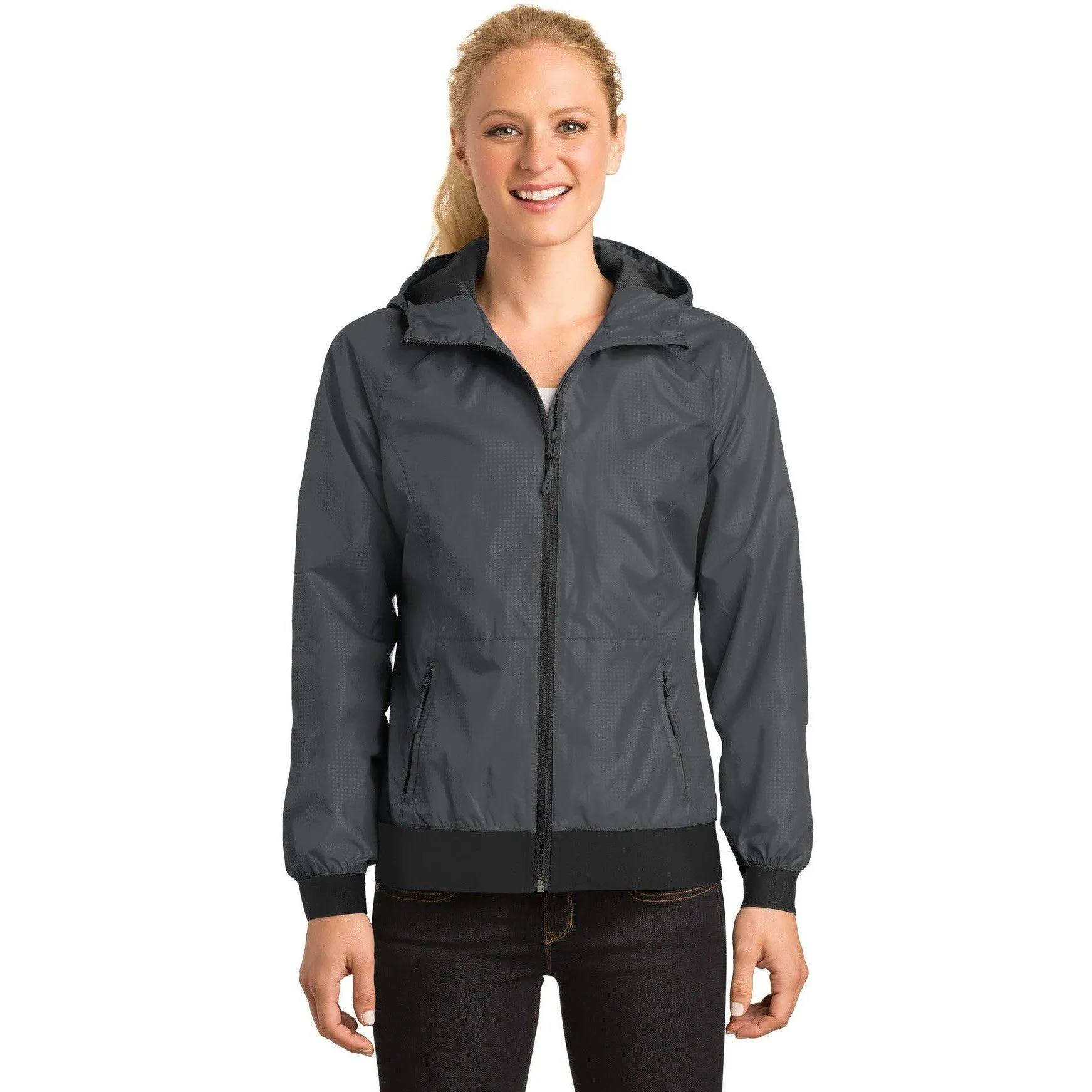 CLOSEOUT - Sport-Tek Ladies Embossed Hooded Wind Jacket