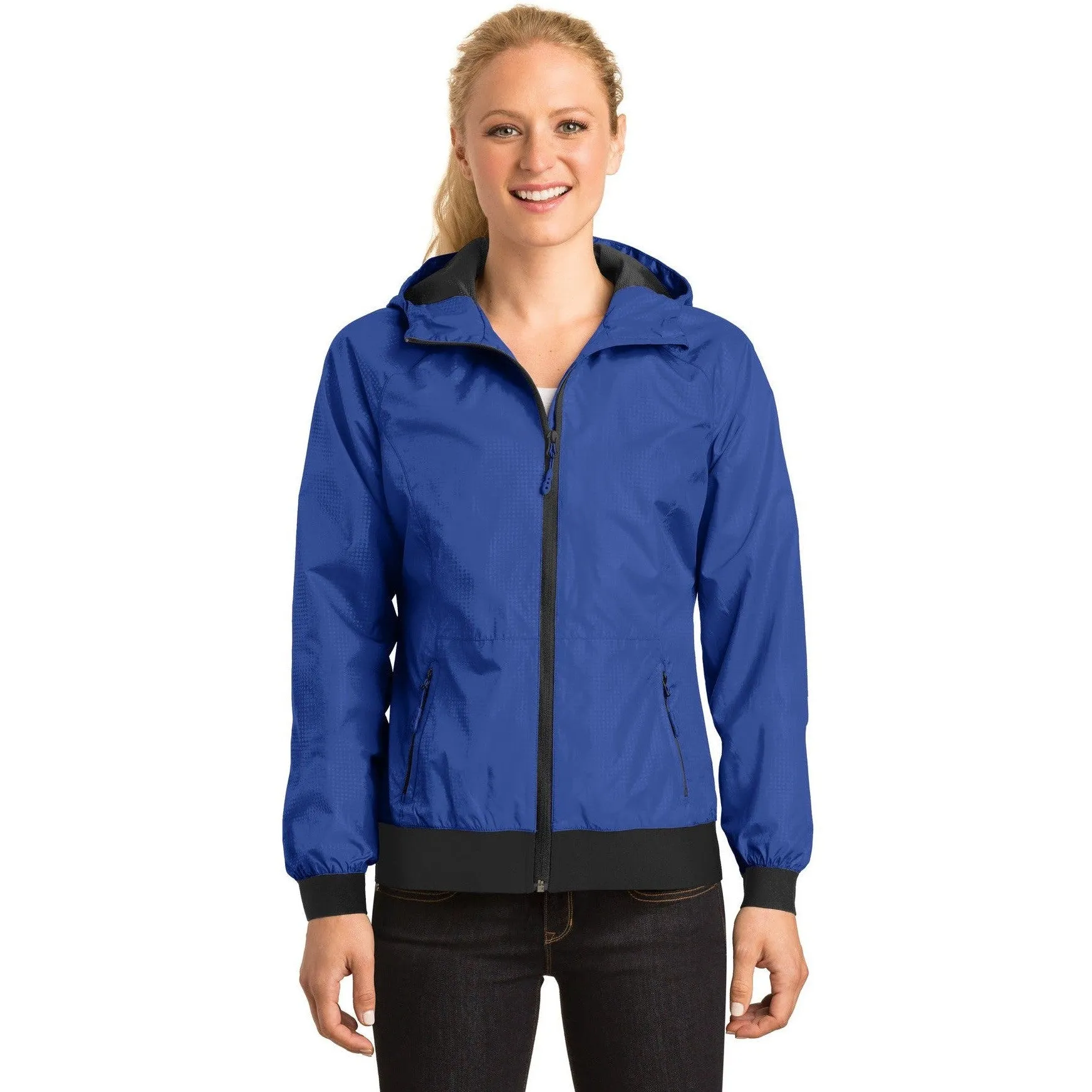 CLOSEOUT - Sport-Tek Ladies Embossed Hooded Wind Jacket