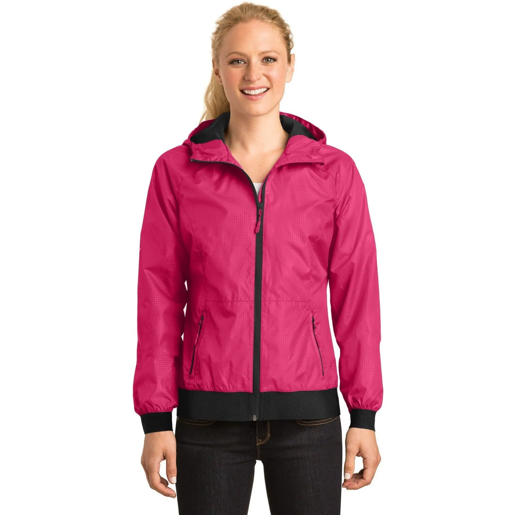 CLOSEOUT - Sport-Tek Ladies Embossed Hooded Wind Jacket