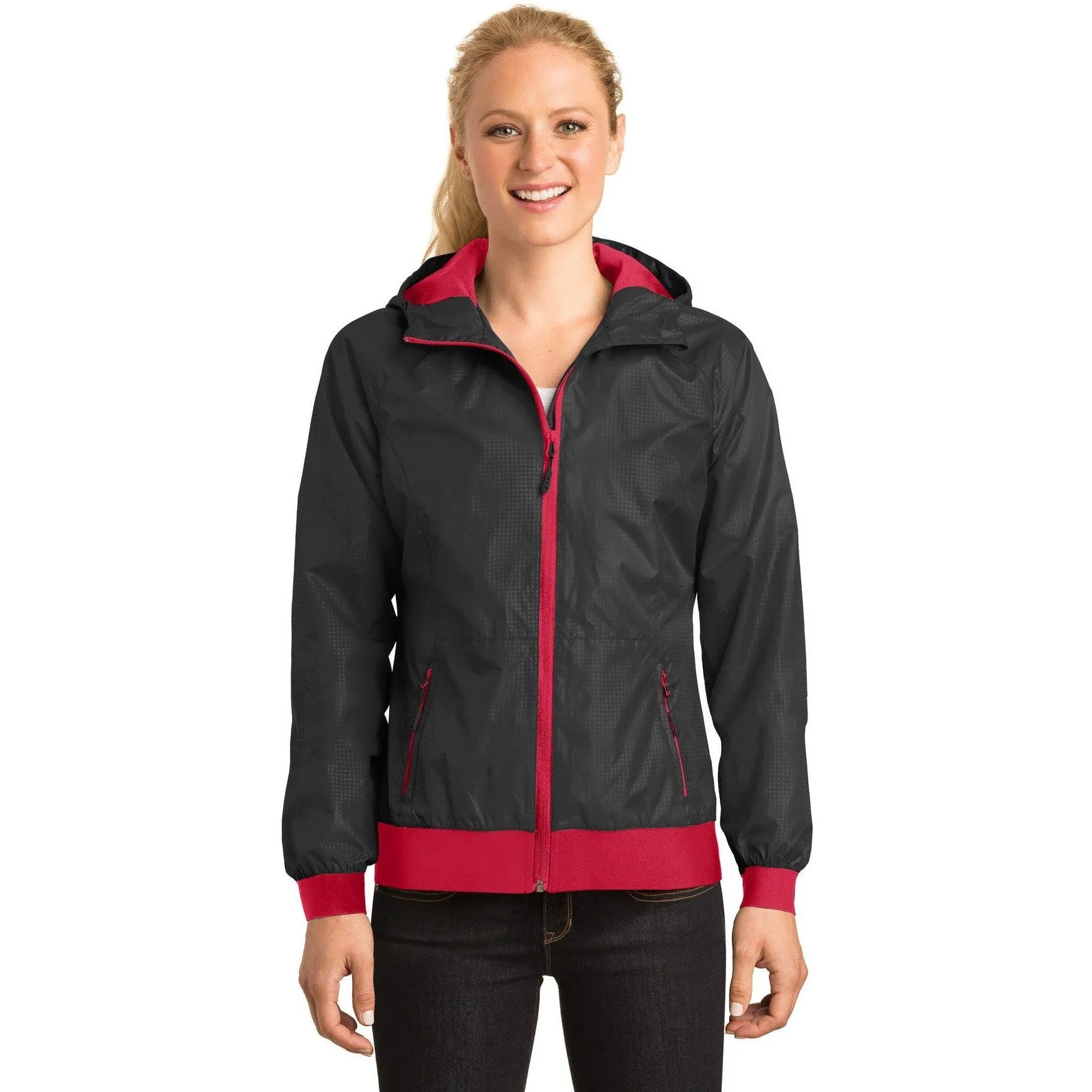CLOSEOUT - Sport-Tek Ladies Embossed Hooded Wind Jacket