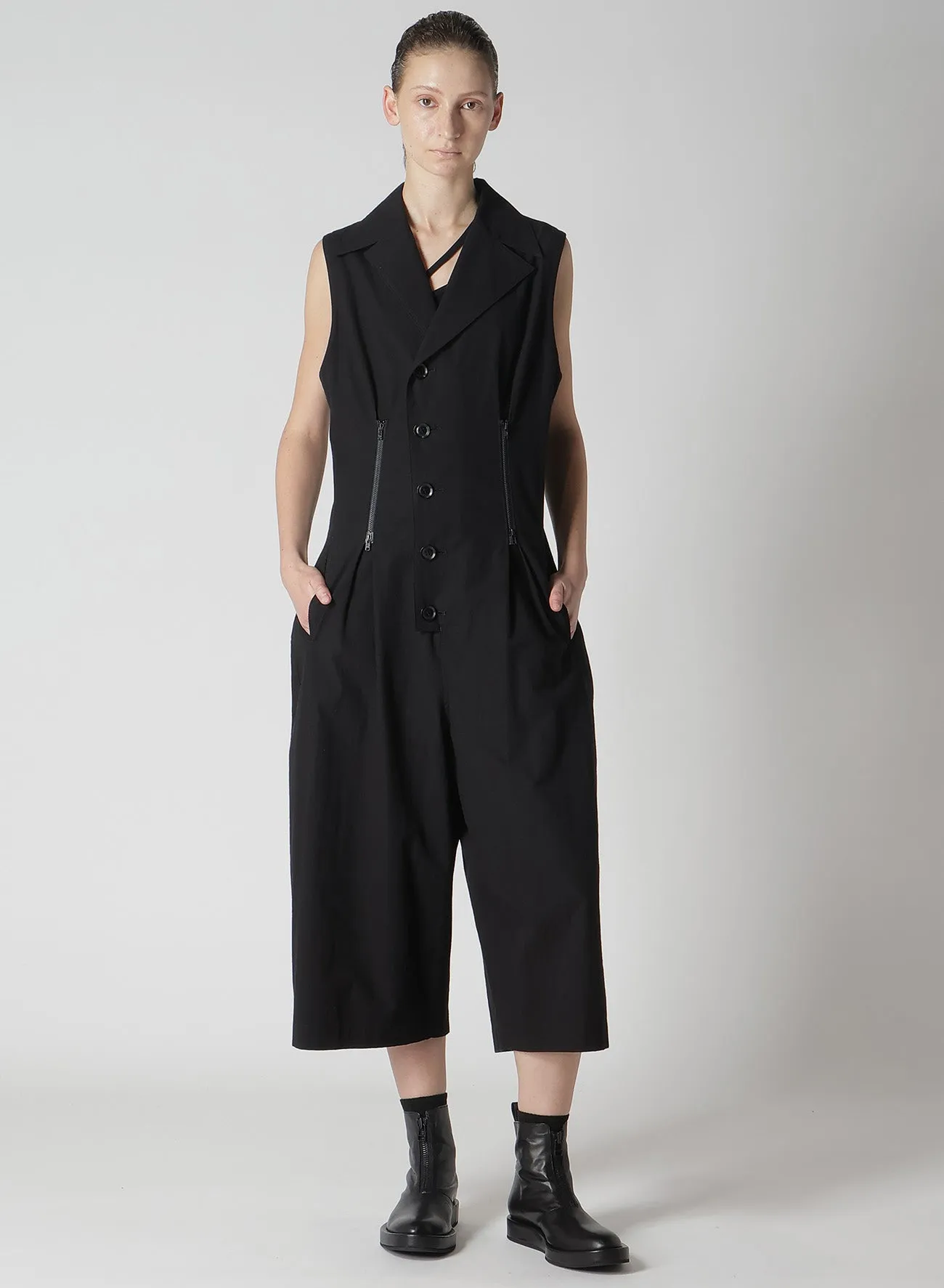 COTTON LINEN DUMP ZIP TUCKED JUMP SUIT