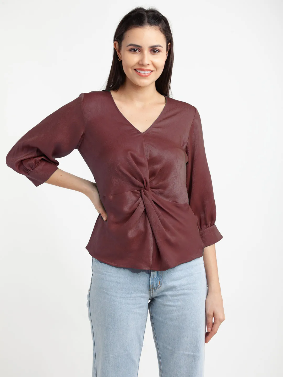 CranBerry Colored Colored Solid V-Neck Top