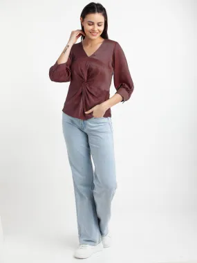 CranBerry Colored Colored Solid V-Neck Top