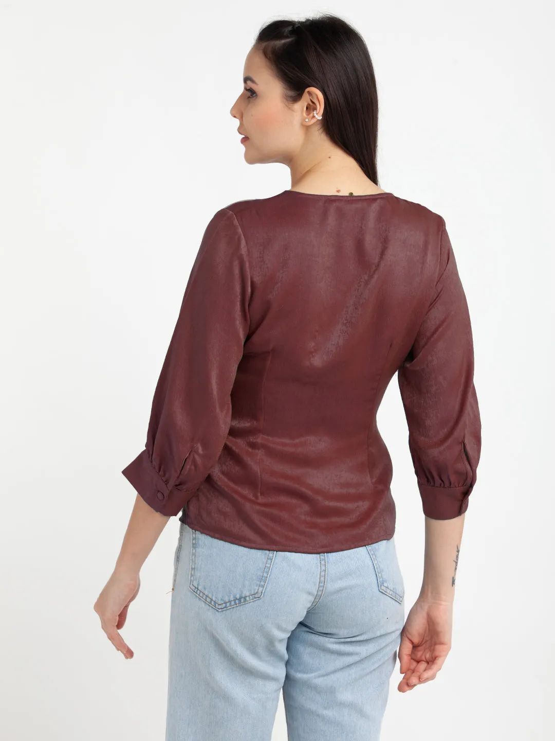 CranBerry Colored Colored Solid V-Neck Top