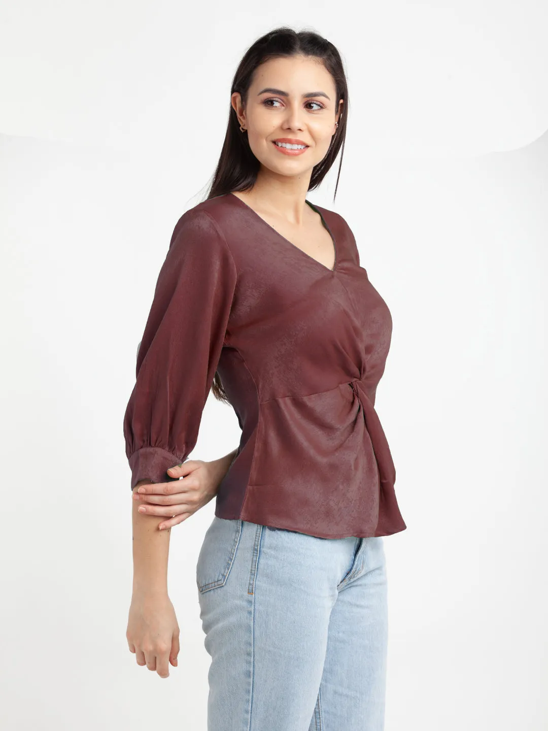 CranBerry Colored Colored Solid V-Neck Top