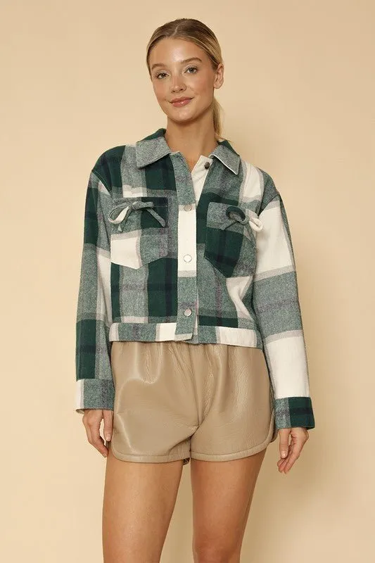 Cropped Flannel Jacket With Bow Detailing
