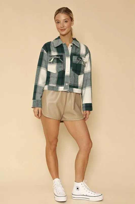 Cropped Flannel Jacket With Bow Detailing
