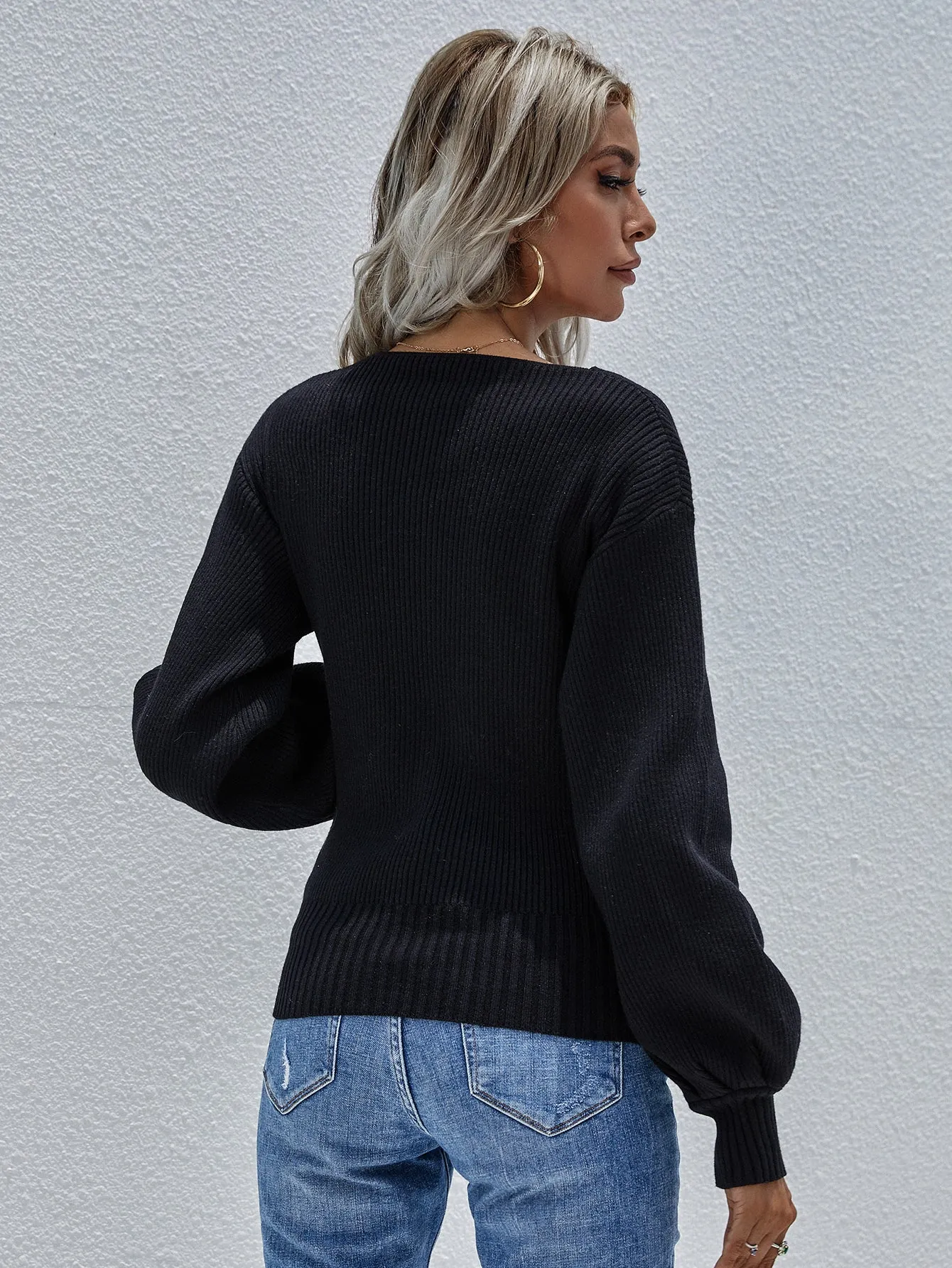Cross V-neck Solid Color Pullover Loose Sweater