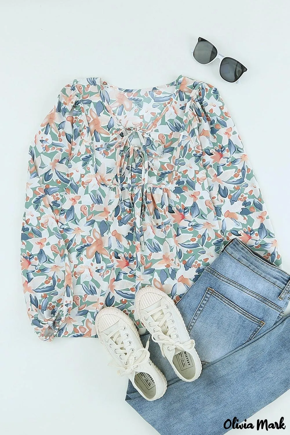 Deanwangkt - Green lace-up blouse with floral print
