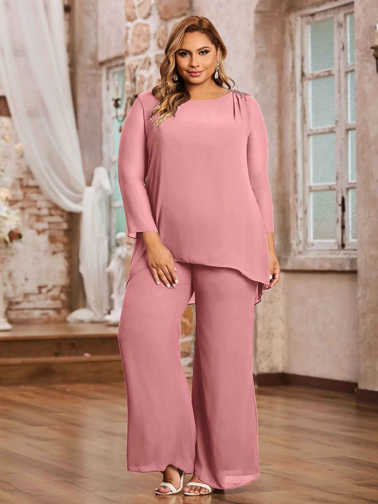 Elegant Chiffon Pant Suit with Long Sleeves-Flamingo