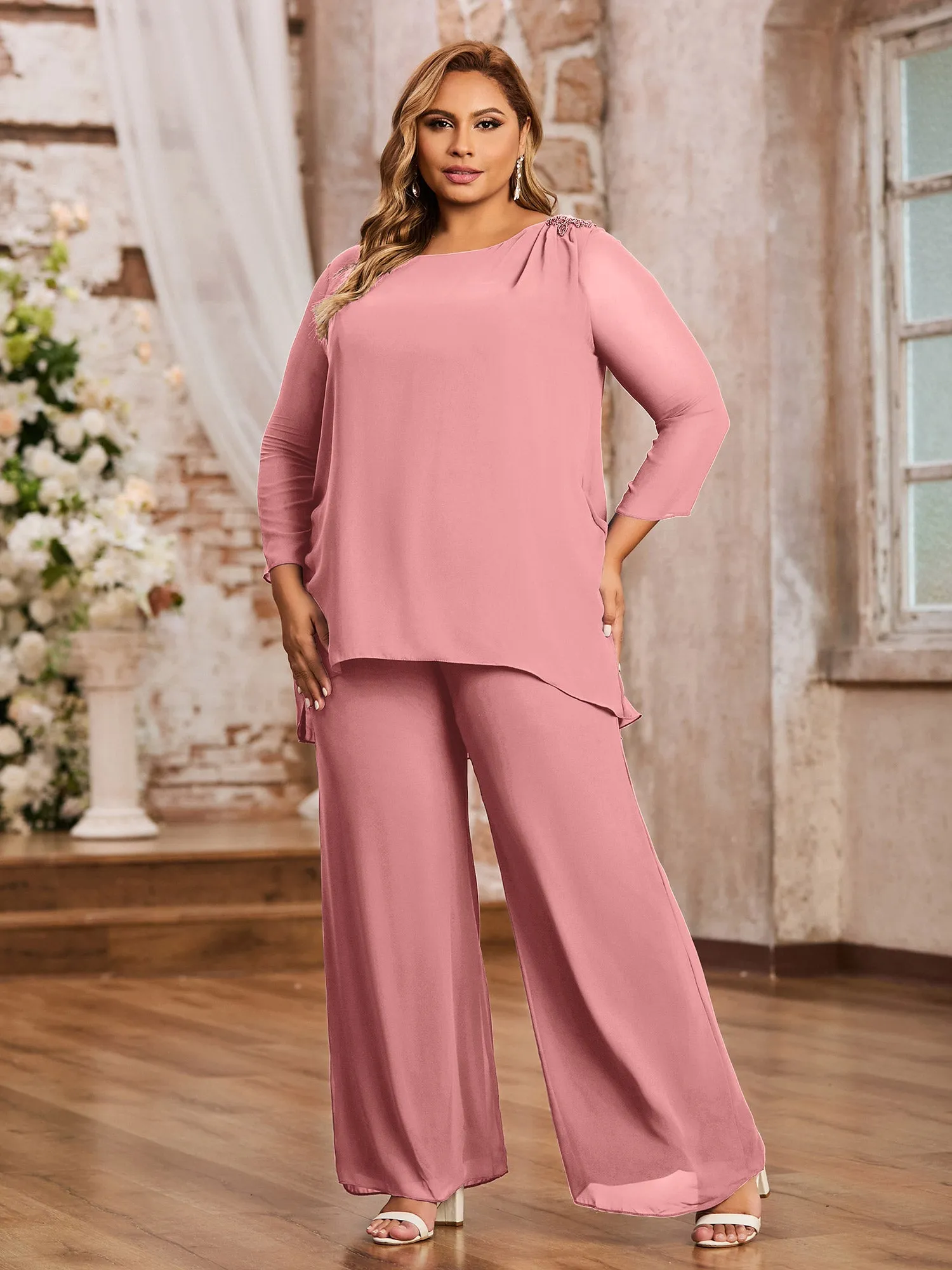 Elegant Chiffon Pant Suit with Long Sleeves-Flamingo