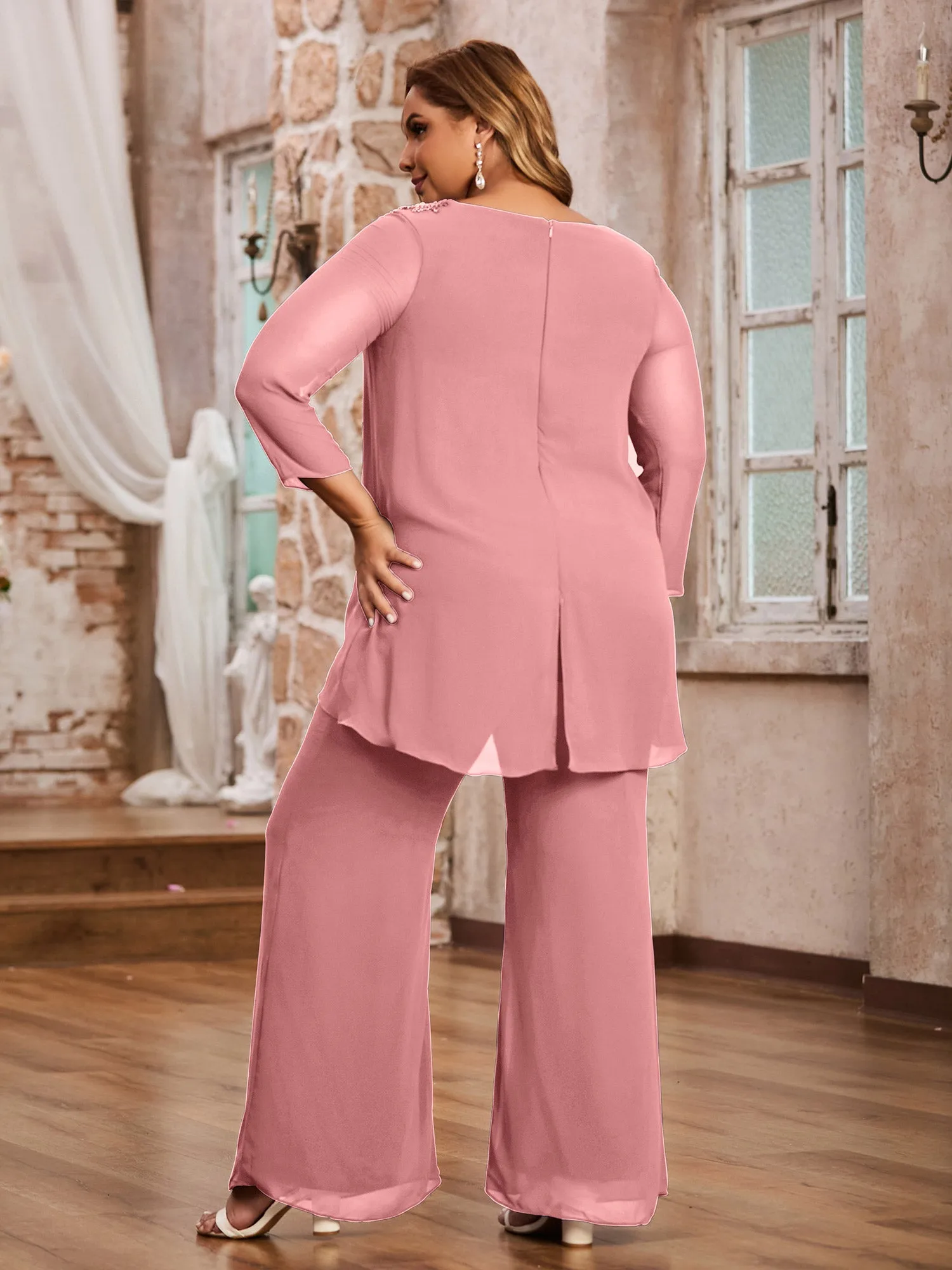 Elegant Chiffon Pant Suit with Long Sleeves-Flamingo