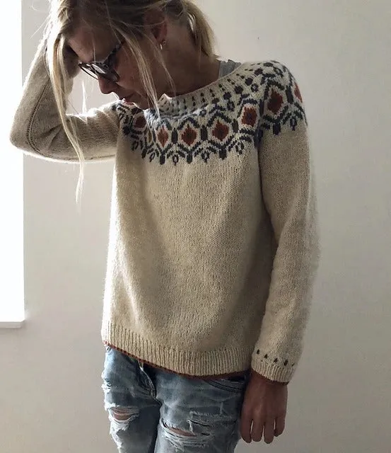 Fair Isle Casual Boho Knit  Crewneck Long Sleeve Sweater