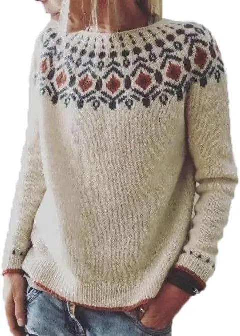 Fair Isle Casual Boho Knit  Crewneck Long Sleeve Sweater