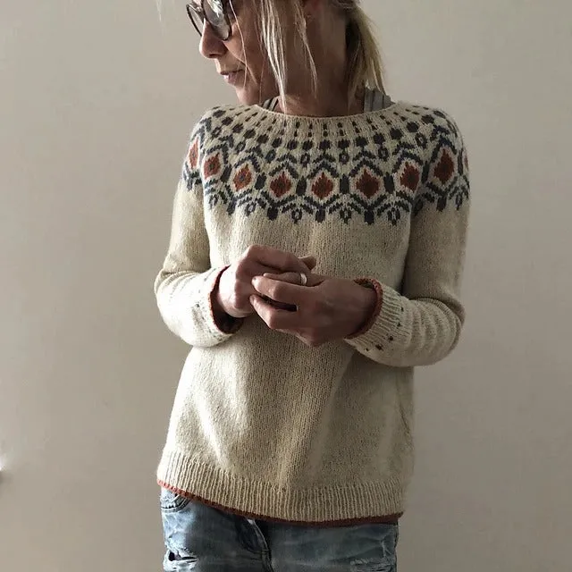 Fair Isle Casual Boho Knit  Crewneck Long Sleeve Sweater